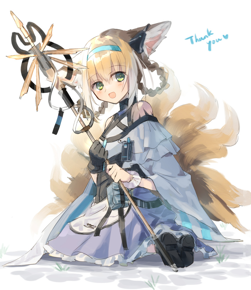 1girl absurdres animal_ear_fluff animal_ears arknights belt_pouch black_footwear black_gloves blue_headband commentary dress earpiece english_commentary fox_ears fox_tail frilled_dress frills from_behind gloves hair_rings headband highres holding holding_staff id_card infection_monitor_(arknights) kneeling kyuubi looking_back matsuzaka_(matsuzakagyu_29) multicolored_hair multiple_tails off-shoulder_dress off_shoulder orange_hair oripathy_lesion_(arknights) pouch purple_dress shoe_soles simple_background single_glove solo staff streaked_hair suzuran_(arknights) tail thank_you white_background white_hair wrist_cuffs