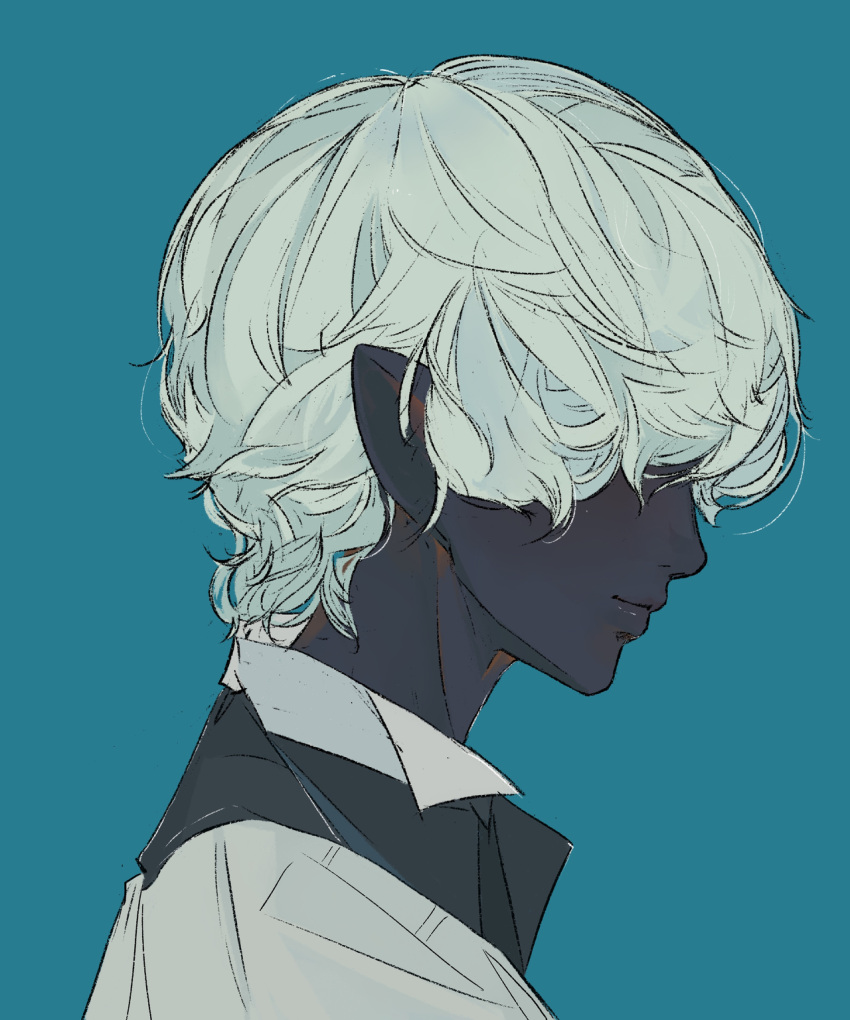 1boy aqua_background black_skin collared_shirt colored_skin elliemaplefox hair_over_eyes highres original pointy_ears shirt short_hair simple_background solo white_hair white_shirt