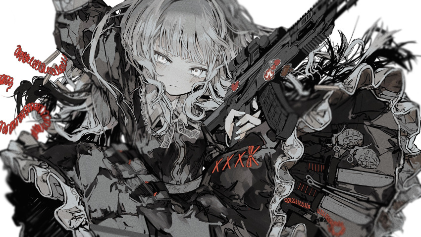 1girl arm_up assault_rifle bangs black_dress blunt_bangs cable closed_mouth dress explosive frilled_dress frills grenade gun highres holding holding_gun holding_weapon knife long_hair long_sleeves original rifle silver_hair simple_background solo tekito_midori very_long_hair weapon white_background white_hair