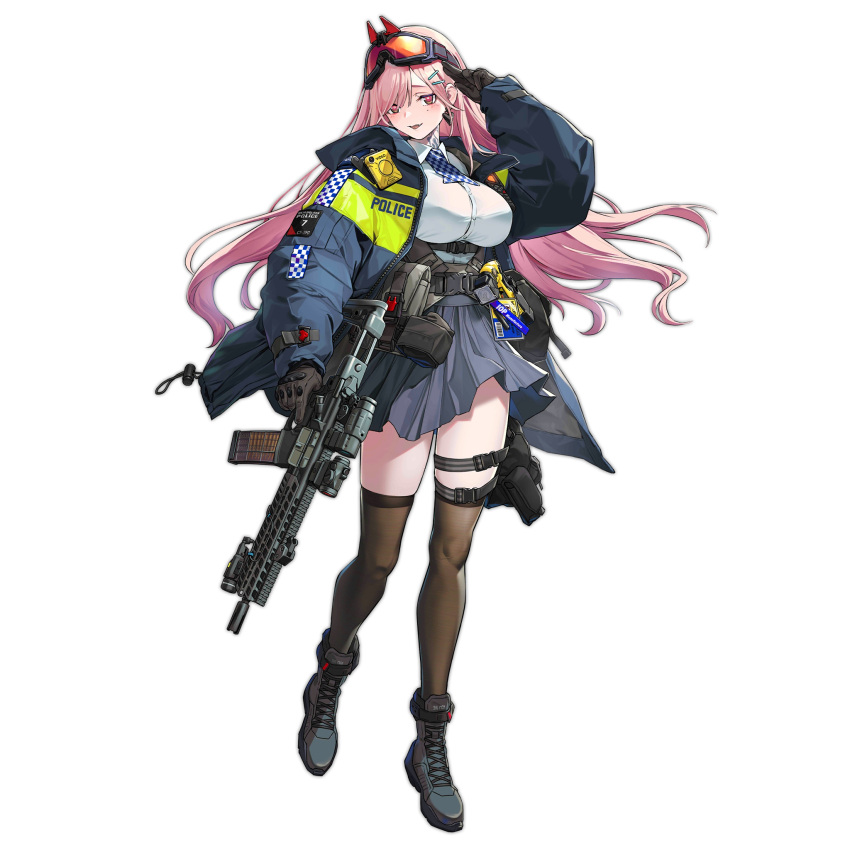 1girl assault_rifle bag bangs belt black_footwear black_gloves black_legwear blue_jacket blue_skirt blush boots breasts earrings eyebrows_visible_through_hair eyewear_on_head floor girls_frontline gloves gun heart heart_earrings highres holding jacket jewelry large_breasts long_hair looking_at_viewer mole mole_under_eye neck_tattoo official_art open_clothes open_jacket open_mouth pink_hair police police_uniform red_eyes rifle salute shirt sig_mcx_(girls_frontline) sig_sauer sig_sauer_mcx simple_background skirt solo standing tattoo thigh-highs transparent_background uniform walkie-talkie weapon white_shirt yitiao_er-hua