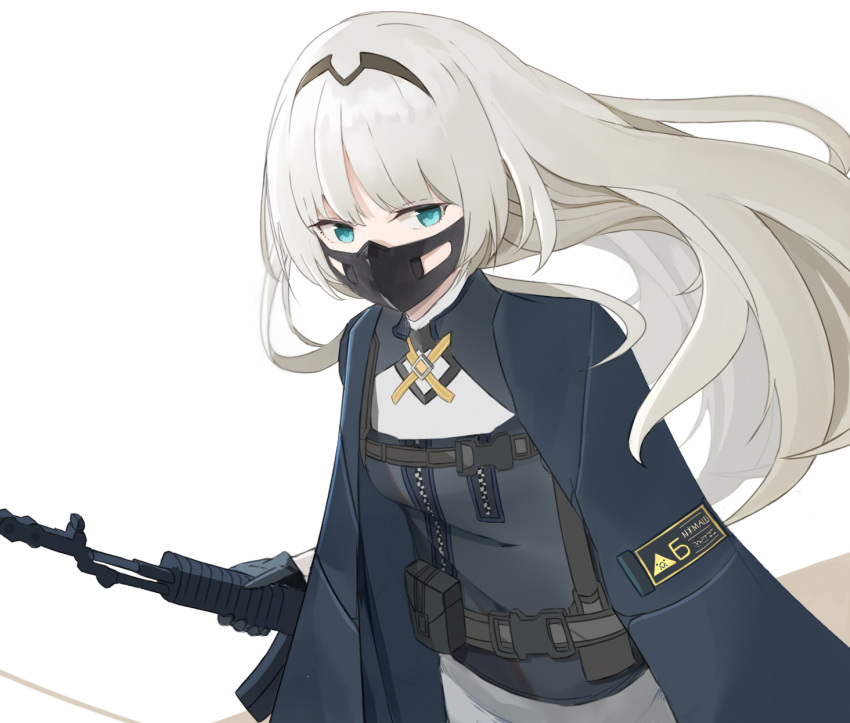 1girl an-94 an-94_(girls_frontline) assault_rifle bangs blue_eyes breasts cape defy_(girls_frontline) girls_frontline gloves gun hairband highres ika_(adam19951012) long_hair mask mouth_mask rifle silver_hair small_breasts solo upper_body weapon white_background