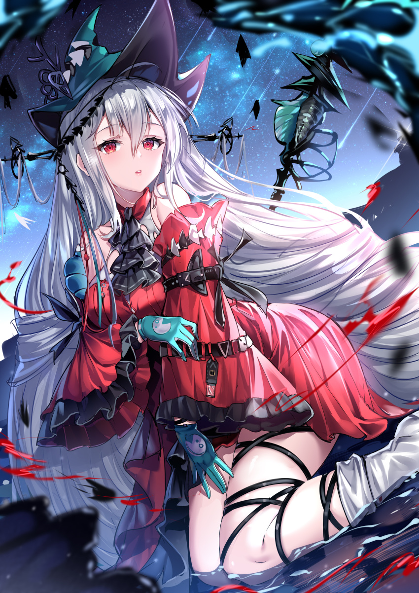1girl absurdres arknights bangs bare_shoulders blood blue_sky clothing_cutout dress full_body gloves green_gloves hands_on_own_thighs hat highres kneeling long_hair navel navel_cutout night night_sky outdoors parted_lips red_dress red_eyes sad sannio sideways_glance silver_hair skadi_(arknights) skadi_the_corrupting_heart_(arknights) sky solo staff star_(sky) starry_sky very_long_hair weapon wide_sleeves