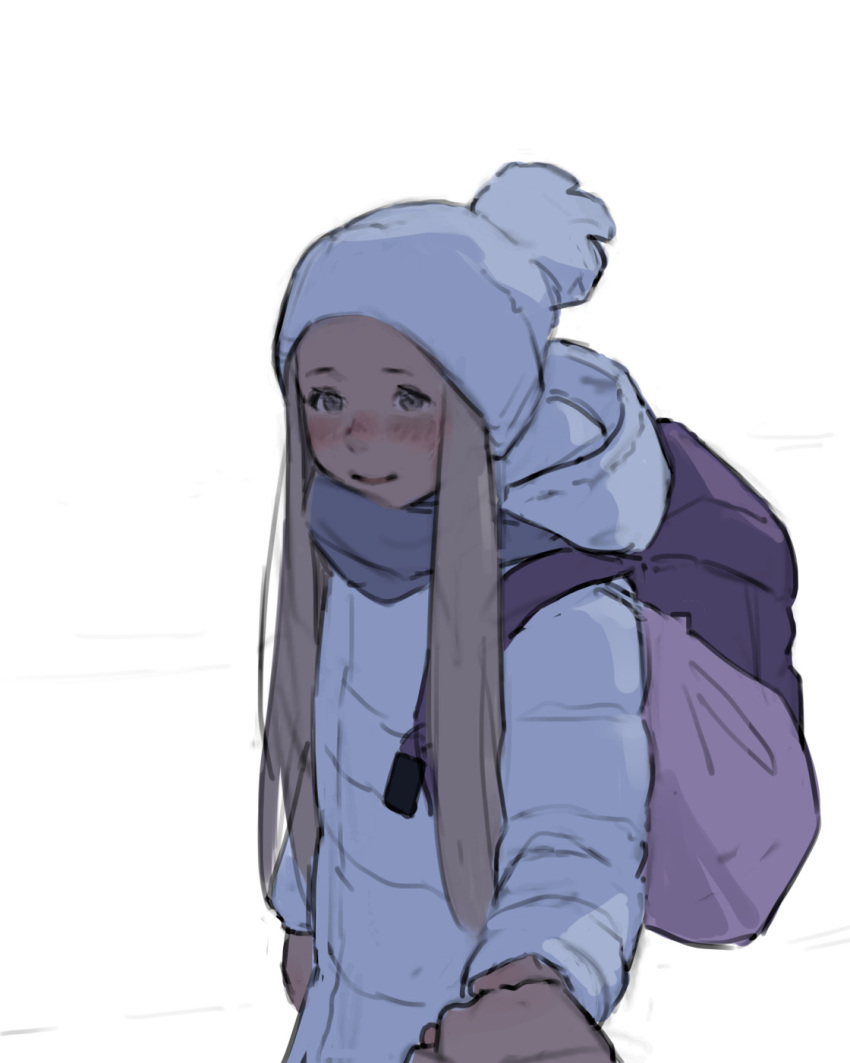 1girl backpack bag blonde_hair blush closed_mouth coat grey_eyes highres holding_hands hood hood_down hooded_coat knit_hat long_hair long_sleeves looking_at_viewer luimiart original pov pov_hands simple_background smile white_background white_coat winter_clothes winter_coat