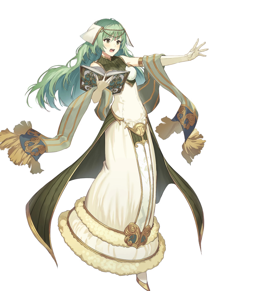 1girl artist_request bangs bare_shoulders blush book breasts dress elbow_gloves eyebrows_visible_through_hair fire_emblem fire_emblem_echoes:_shadows_of_valentia fire_emblem_heroes full_body fur_trim gloves green_eyes green_hair hair_ornament highres holding holding_book long_dress long_skirt looking_away medium_breasts official_art open_book open_mouth shiny shiny_hair skirt sleeveless solo tatiana_(fire_emblem) transparent_background white_gloves