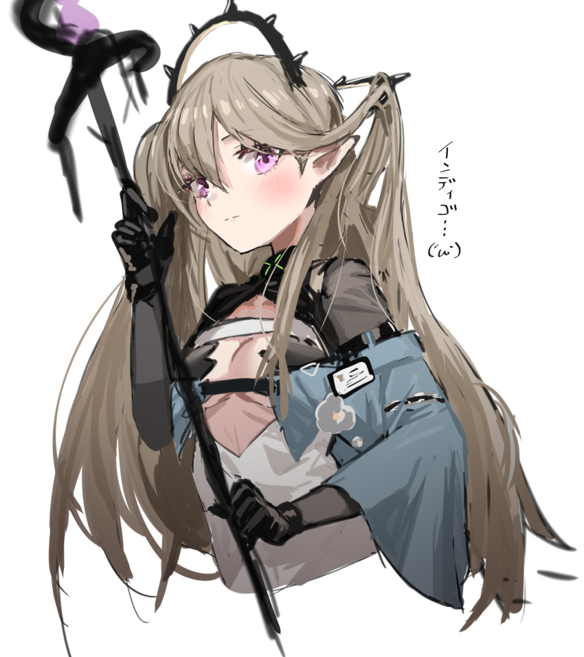 1girl arknights bangs black_gloves blush breasts character_name commentary_request cropped_torso gloves grey_hair hair_between_eyes hand_up highres holding holding_staff indigo_(arknights) infection_monitor_(arknights) long_hair long_sleeves looking_at_viewer pointy_ears raw_egg_lent simple_background small_breasts solo staff translated two_side_up upper_body violet_eyes white_background