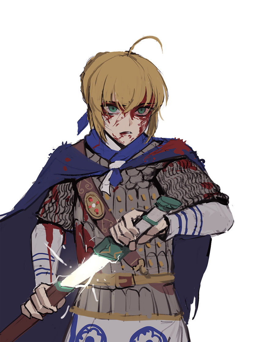 1girl absurdres ahoge alternate_costume armor artoria_pendragon_(all) blood blood_on_face bloody_clothes blue_cape blue_ribbon braid cape cowboy_shot fate/stay_night fate_(series) french_braid hair_between_eyes highres jason_kim ribbon saber sheath solo unsheathing white_background