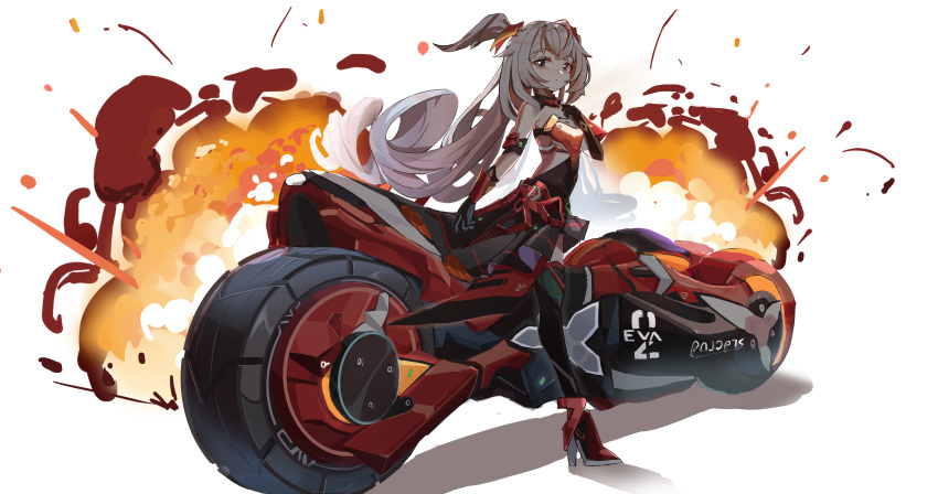 1girl absurdres alternate_color alternate_costume bronya_zaychik bronya_zaychik_(herrscher_of_reason) closed_mouth crossover drill_hair explosion grey_eyes grey_hair ground_vehicle highres honkai_(series) honkai_impact_3rd long_hair looking_at_viewer motor_vehicle motorcycle neon_genesis_evangelion project_bunny quintincy simple_background sitting sitting_on_object solo twin_drills white_background