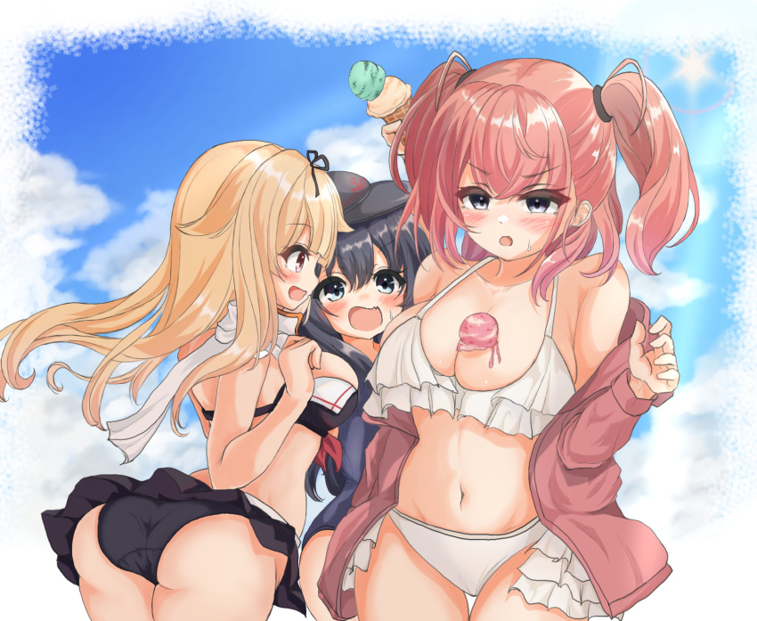 3girls adapted_costume akatsuki_(kancolle) atlanta_(kancolle) bikini black_bikini black_hair black_headwear black_ribbon blonde_hair blue_sky breasts brown_hair clouds commentary_request cowboy_shot flat_cap food food_on_breasts frilled_bikini frills green_eyes grey_eyes hair_flaps hair_ribbon hat highres ice_cream ice_cream_scoop jacket kantai_collection kasashi_(kasasi008) large_breasts long_hair multiple_girls open_clothes open_jacket open_mouth pink_jacket red_eyes remodel_(kantai_collection) ribbon scarf sky spill swimsuit two_side_up white_bikini white_scarf yuudachi_(kancolle)