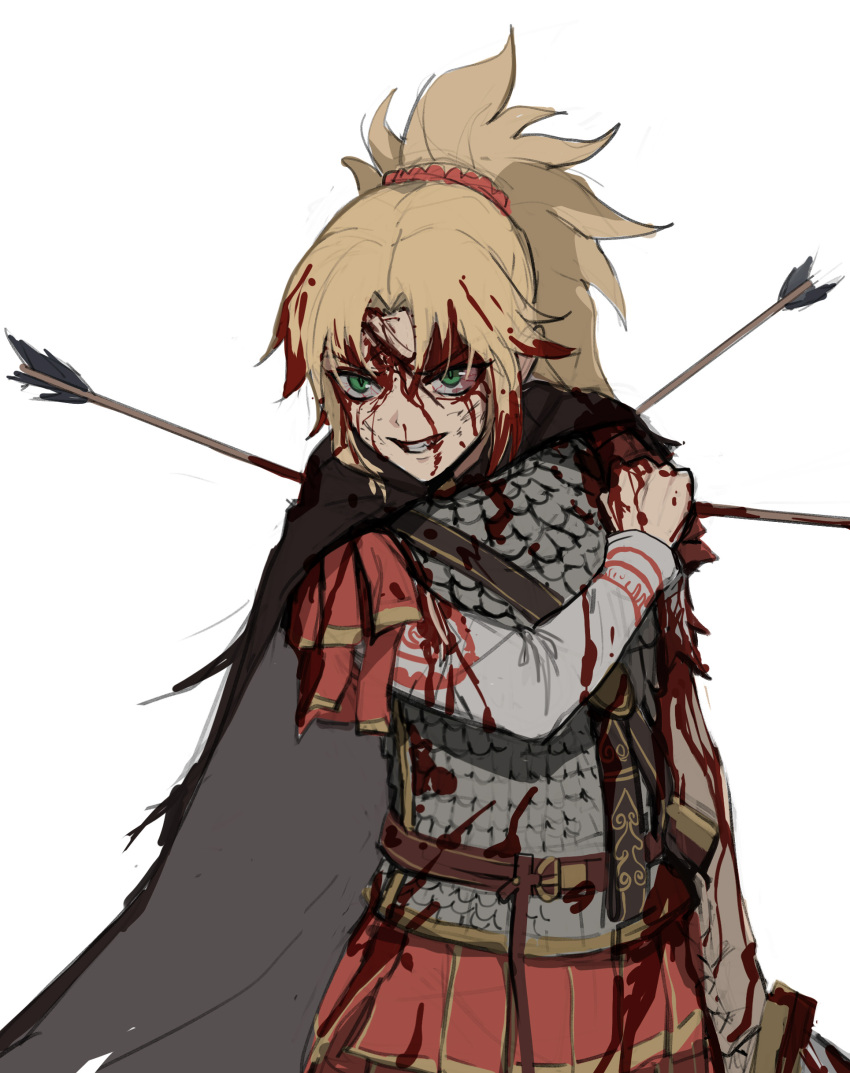1girl absurdres alternate_costume arm_at_side armor arrow_in_armor black_cape blonde_hair blood blood_on_face cape fate_(series) green_eyes grimace highres jason_kim mordred_(fate) mordred_(fate)_(all) red_scrunchie red_skirt scrunchie shoulder_grab sketch skirt smirk solo sword weapon white_background