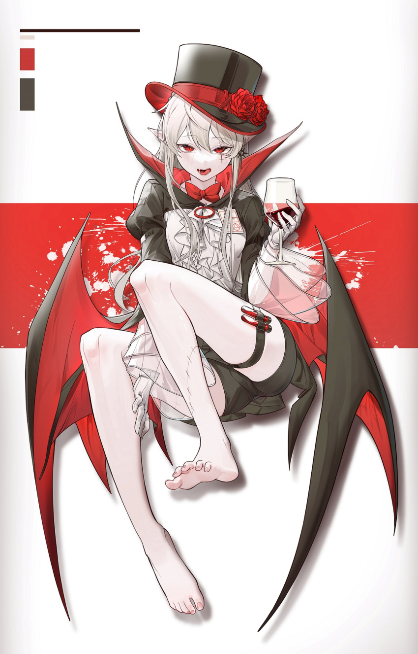 1girl alcohol arknights barefoot black_headwear black_jacket black_shorts commentary_request cup dpea9 drinking_glass flower hat hat_flower highres holding holding_cup jacket juliet_sleeves long_sleeves low_wings puffy_sleeves red_flower red_rose red_wings rose shirt short_shorts shorts soles solo stitches top_hat warfarin_(arknights) white_shirt wine wine_glass wings