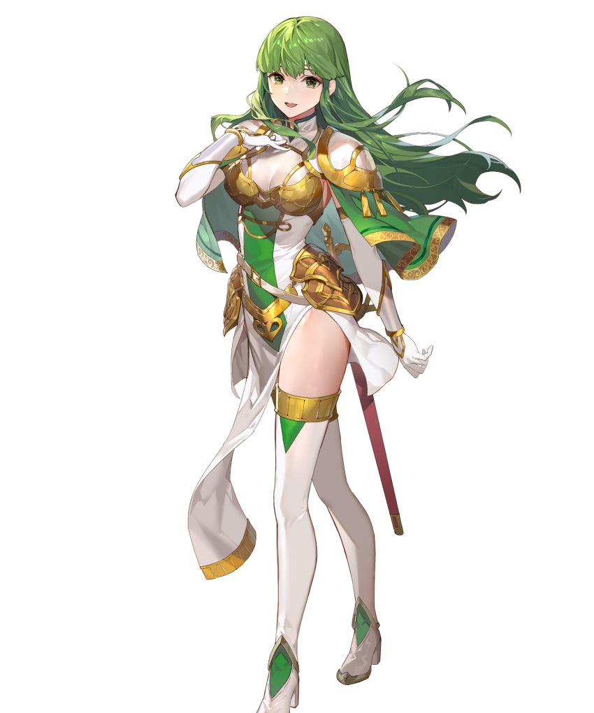 1girl armor bangs belt boots breasts capelet dress elbow_gloves eyebrows_visible_through_hair fire_emblem fire_emblem:_mystery_of_the_emblem fire_emblem_echoes:_shadows_of_valentia fire_emblem_heroes full_body gloves green_eyes green_hair hand_on_own_chest hand_up high_heel_boots high_heels highres long_hair looking_at_viewer medium_breasts official_art palla_(fire_emblem) pelvic_curtain sheath shiny shiny_hair short_dress shoulder_armor smile solo standing teffish thigh-highs thigh_boots thighs transparent_background white_footwear white_gloves