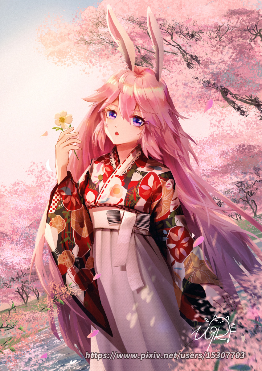 1girl absurdres alien_(15307703) alternate_costume animal_ears blue_sky cherry_blossoms clouds flower fox_ears highres holding holding_flower honkai_(series) honkai_impact_3rd huge_filesize japanese_clothes kimono long_hair looking_at_viewer open_mouth pink_hair scenery sky solo tree tree_branch violet_eyes white_flower yae_sakura