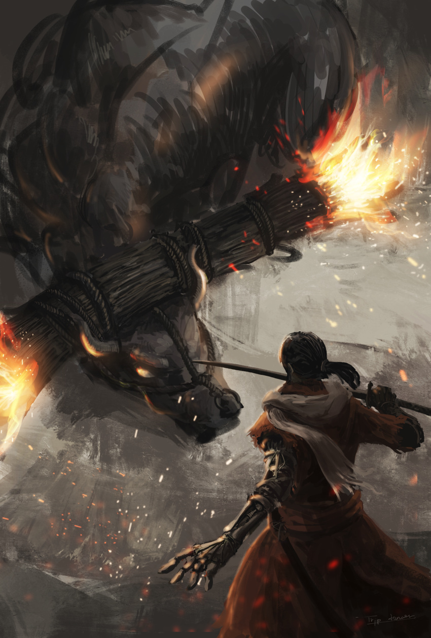 animal artist_name black_hair blazing_bull bull creature fire gradient gradient_background grey_background highres holding holding_sword holding_weapon horns japanese_clothes katana ninja ponytail prosthesis prosthetic_arm scarf sekiro sekiro:_shadows_die_twice short_hair short_ponytail sword tripdancer weapon white_horns