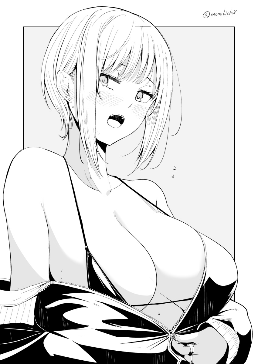 1girl bikini bikini_top blush breasts collarbone earrings grey_background greyscale highres jewelry kichihachi large_breasts looking_at_viewer monochrome open_mouth original ring short_hair simple_background solo sweat swimsuit teeth twitter_username two-tone_background upper_body upper_teeth white_background zipper