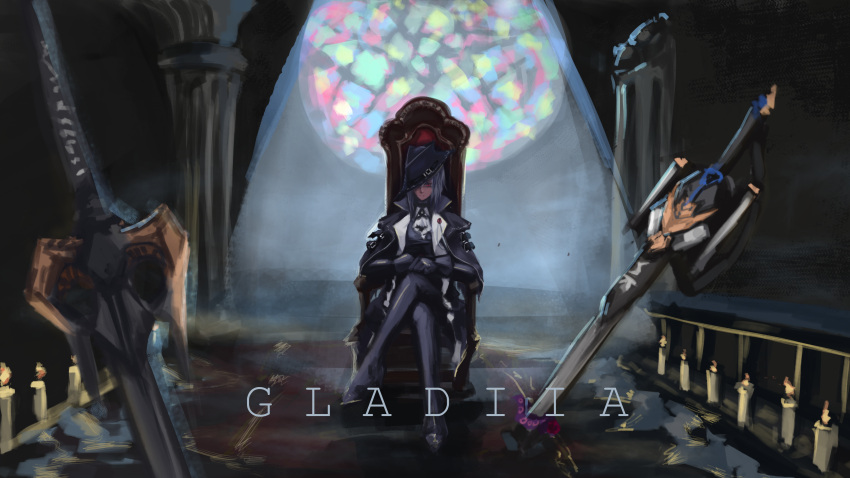 1girl absurdres arknights ascot bangs black_coat black_dress black_footwear black_headwear bloodborne boots candle character_name chinese_commentary coat commentary_request crossed_legs dress full_body gladiia_(arknights) highres innnnnnovation lady_maria_of_the_astral_clocktower long_hair on_chair partial_commentary planted planted_spear planted_sword pointy_hat polearm red_eyes silver_hair sitting solo spear sword thigh-highs thigh_boots weapon white_neckwear