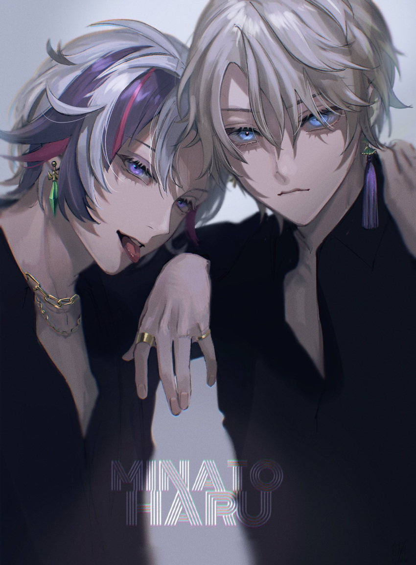 2boys arm_around_shoulder arm_on_shoulder black_shirt blue_eyes chain character_name collared_shirt commentary_request earrings eyelashes fuwa_minato gold_chain grey_hair highres jewelry kaida_haru kan_no_juusu looking_at_viewer male_focus multicolored_hair multiple_boys necklace nijisanji open_collar pink_hair purple_hair ring shirt smile streaked_hair tongue tongue_out upper_body violet_eyes virtual_youtuber