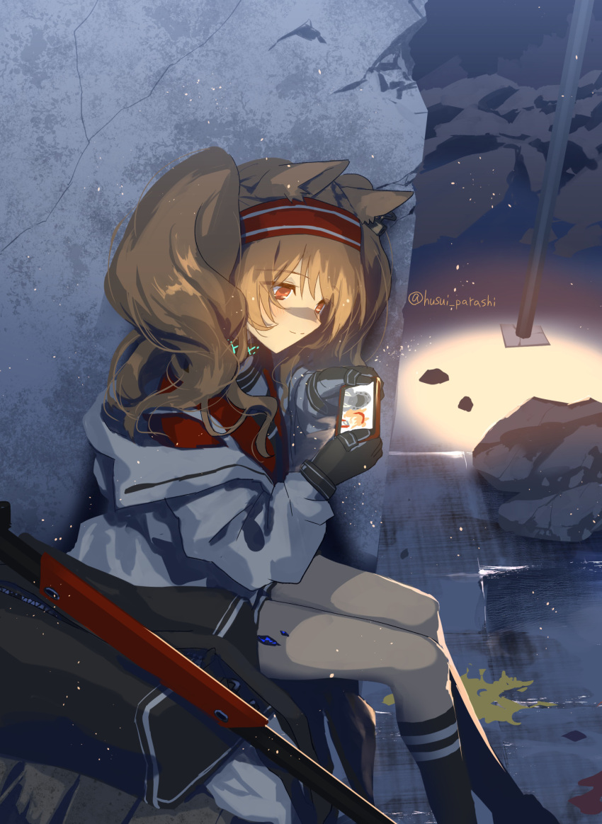 1girl angelina_(arknights) animal_ears arknights black_collar black_footwear black_gloves black_legwear collar doctor_(arknights) feet_out_of_frame fox_ears gloves hairband highres holding holding_phone husui_parashi infection_monitor_(arknights) jacket long_hair night off_shoulder oripathy_lesion_(arknights) outdoors phone red_eyes red_hairband red_shirt shirt socks solo staff twintails twitter_username watching white_jacket