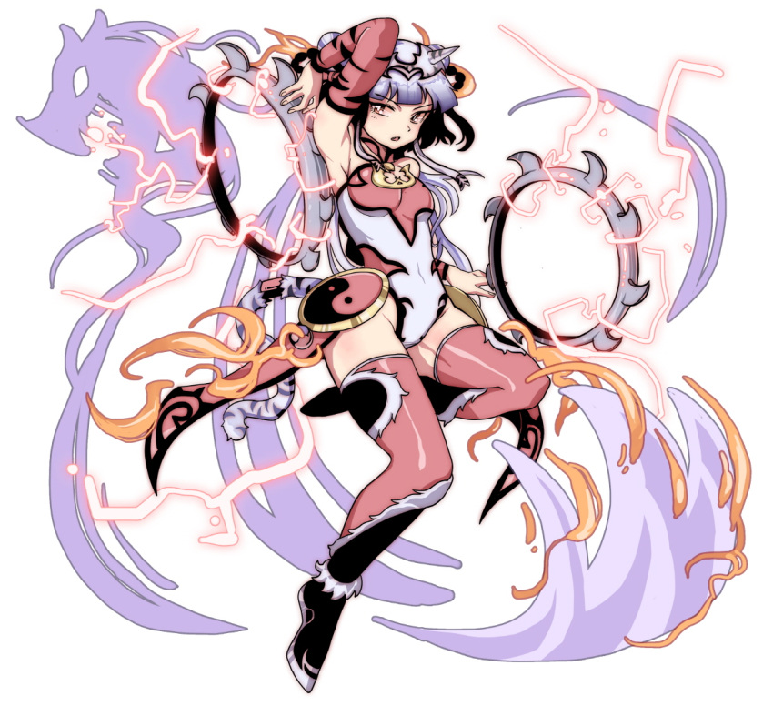 1girl bangs blunt_bangs breasts bright_pupils character_request double_bun electricity full_body grey_hair hand_up horns jp06 leotard looking_at_viewer magic medium_breasts navel open_mouth orange_eyes parted_lips pink_legwear puzzle_&amp;_dragons single_horn solo tail thigh-highs tiger_tail white_pupils