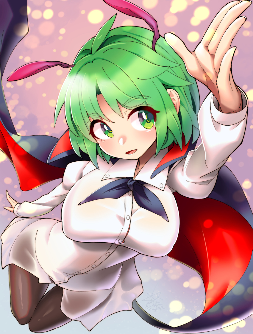 1girl :d antennae bangs black_cape black_pants blouse breasts cape collared_shirt eyebrows_visible_through_hair from_above green_eyes green_hair highres large_breasts light_particles long_sleeves looking_at_viewer open_mouth pants shirt short_hair smile solo touhou umigarasu_(kitsune1963) white_blouse wriggle_nightbug