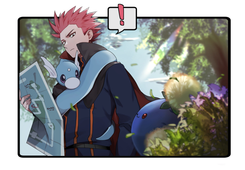 ! 1boy belt blue_jacket blurry border cape closed_mouth clouds commentary_request day dratini from_below gen_1_pokemon gen_2_pokemon holding holding_map jacket john_(user_wmrz3824) jumpluff lance_(pokemon) leaves_in_wind looking_down male_focus map outdoors pink_hair pokemon pokemon_(creature) pokemon_(game) pokemon_hgss popped_collar sky smile spiky_hair spoken_exclamation_mark white_border