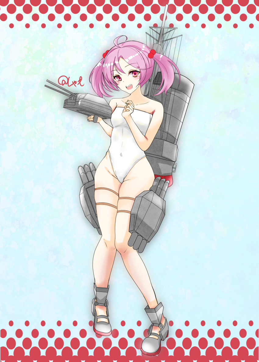 1girl absurdres adapted_turret cannon casual_one-piece_swimsuit commentary_request full_body hair_bobbles hair_ornament highres kantai_collection looking_at_viewer machinery one-piece_swimsuit pink_eyes pink_hair sazanami_(kancolle) shamo_(ptwmjgda) short_hair smokestack solo strapless strapless_swimsuit swimsuit torpedo_launcher turret twintails white_swimsuit