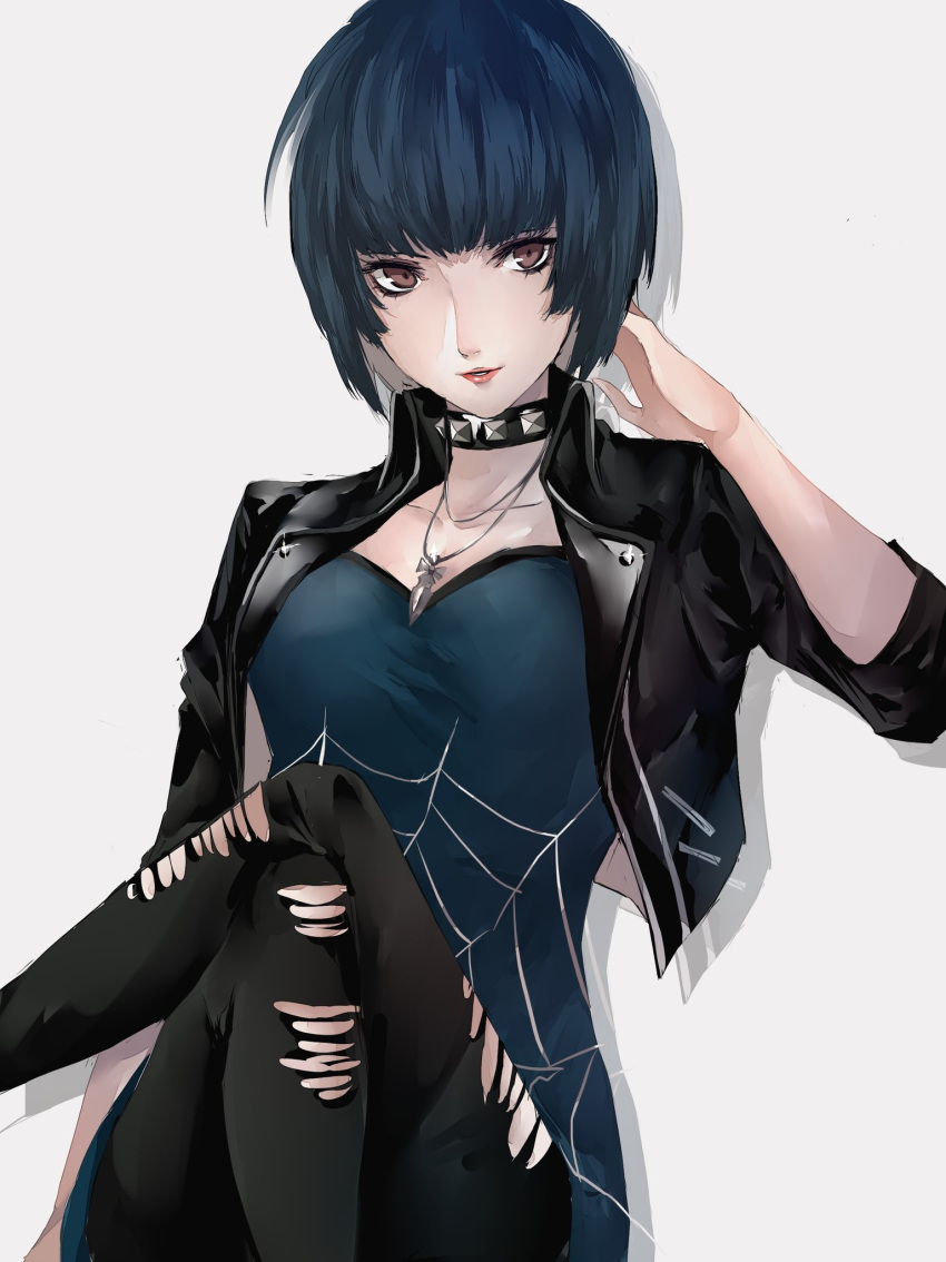 1girl bangs black_hair black_jacket black_legwear black_pants blue_dress blunt_bangs bob_cut breasts brown_eyes casual choker collarbone crossed_legs dress grey_background highres jacket jewelry lips looking_at_viewer medium_breasts necklace open_clothes open_jacket pants parted_lips persona persona_5 pertex_777 red_lips short_dress short_hair simple_background sitting sleeves_past_elbows solo spider_web_print studded_choker takemi_tae torn_clothes torn_legwear torn_pants