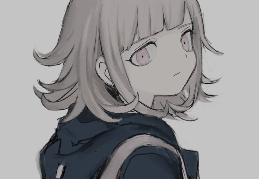 1girl backpack bag bangs blunt_bangs brown_hair closed_mouth commentary_request dangan_ronpa_(series) dangan_ronpa_2:_goodbye_despair denri face flipped_hair from_side grey_background highres hood hood_down looking_at_viewer looking_to_the_side nanami_chiaki pink_eyes simple_background sketch solo upper_body