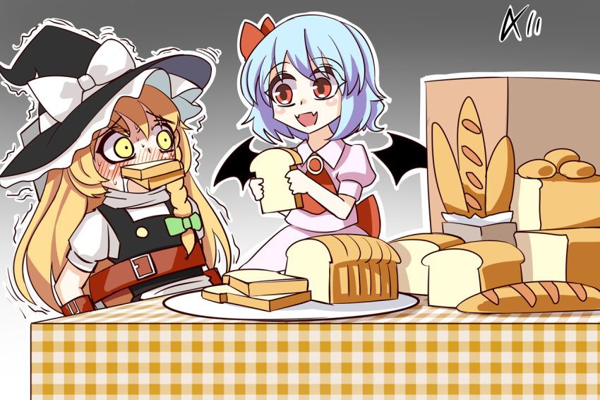 2girls a-xii baguette bat_wings belt blonde_hair blue_hair blush bow bread bread_bun bread_slice brooch chinese_commentary commentary_request fang feeding food force_feeding gradient gradient_background green_bow hat hat_bow jewelry kirisame_marisa multiple_girls red_bow red_eyes remilia_scarlet restrained ribbon scared short_hair short_sleeves simple_background skin_fang tagme touhou trembling white_bow wings witch_hat yellow_eyes