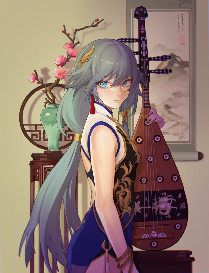 1girl absurdres beads blue_eyes china_dress chinese_clothes dress flower from_side fu_hua grey_hair hair_ornament highres holding holding_instrument honkai_(series) honkai_impact_3rd instrument long_hair looking_at_viewer print_dress tied_hair tutou_jiang vase