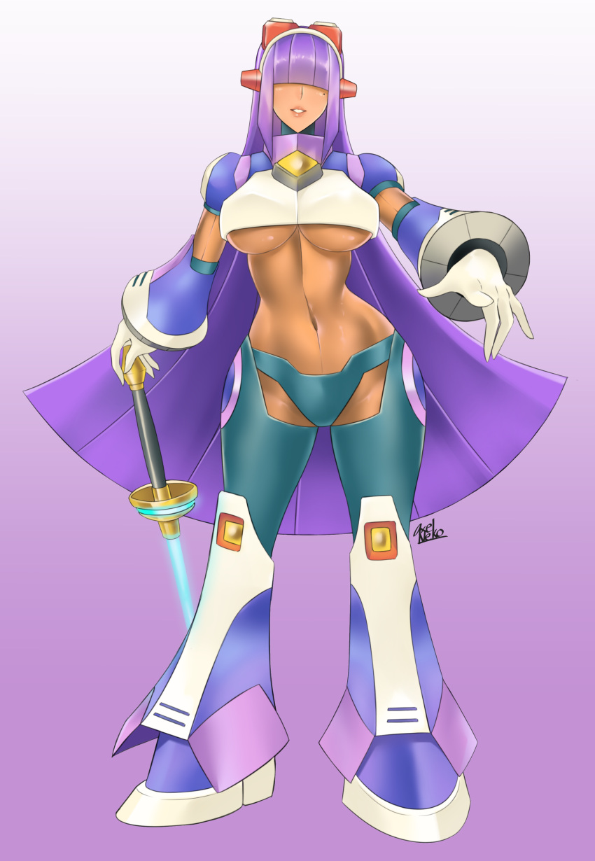 1girl absurdres android axelnekokitty breasts dark_skin energy_blade gesture hair_over_eyes highres hime_cut layer_(mega_man) mega_man_(series) mega_man_x_(series) mole mole_under_eye navel parted_lips purple_hair robot_ears smile solo under_boob