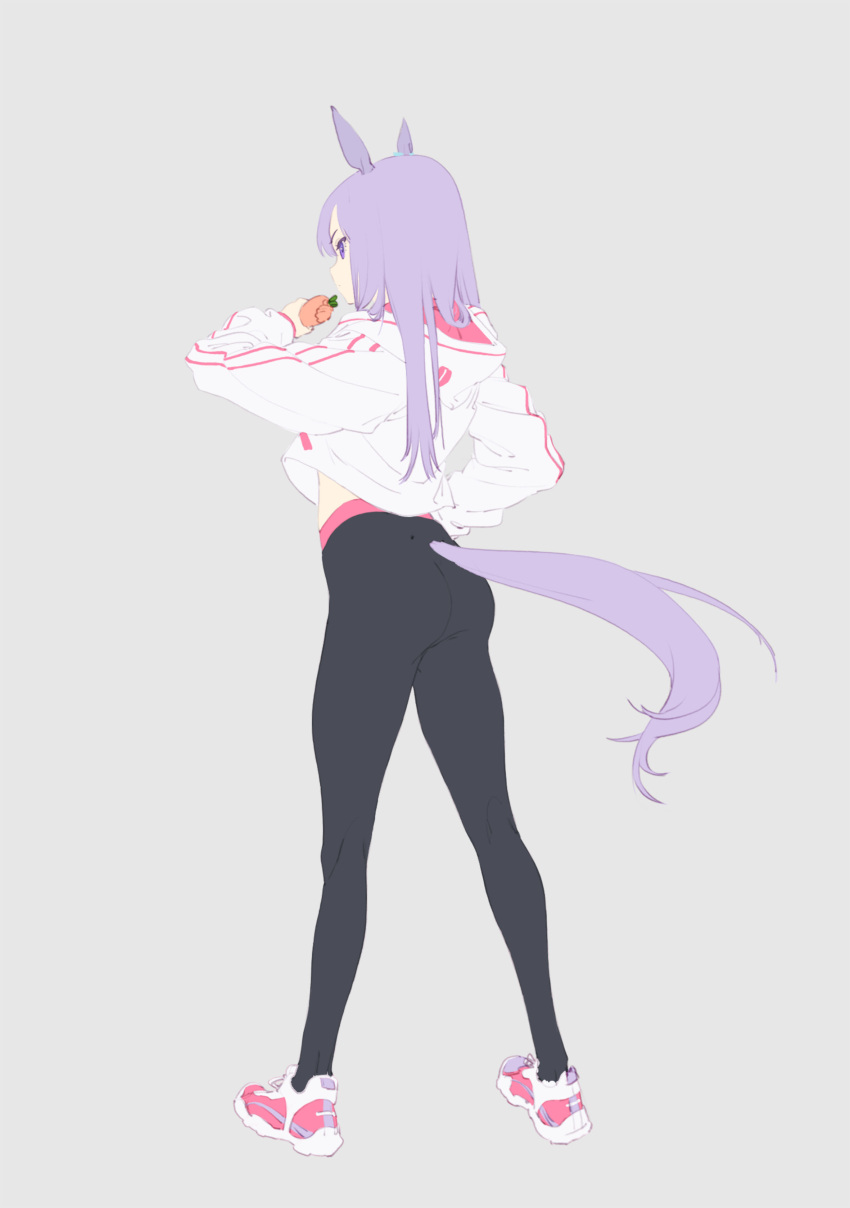 1girl absurdres animal_ears ass carrot full_body grey_background hand_on_hip highres hood hoodie horse_ears horse_girl horse_tail long_hair mejiro_mcqueen_(umamusume) olys pants profile purple_hair shoes simple_background sketch sneakers solo standing tail umamusume violet_eyes yoga_pants