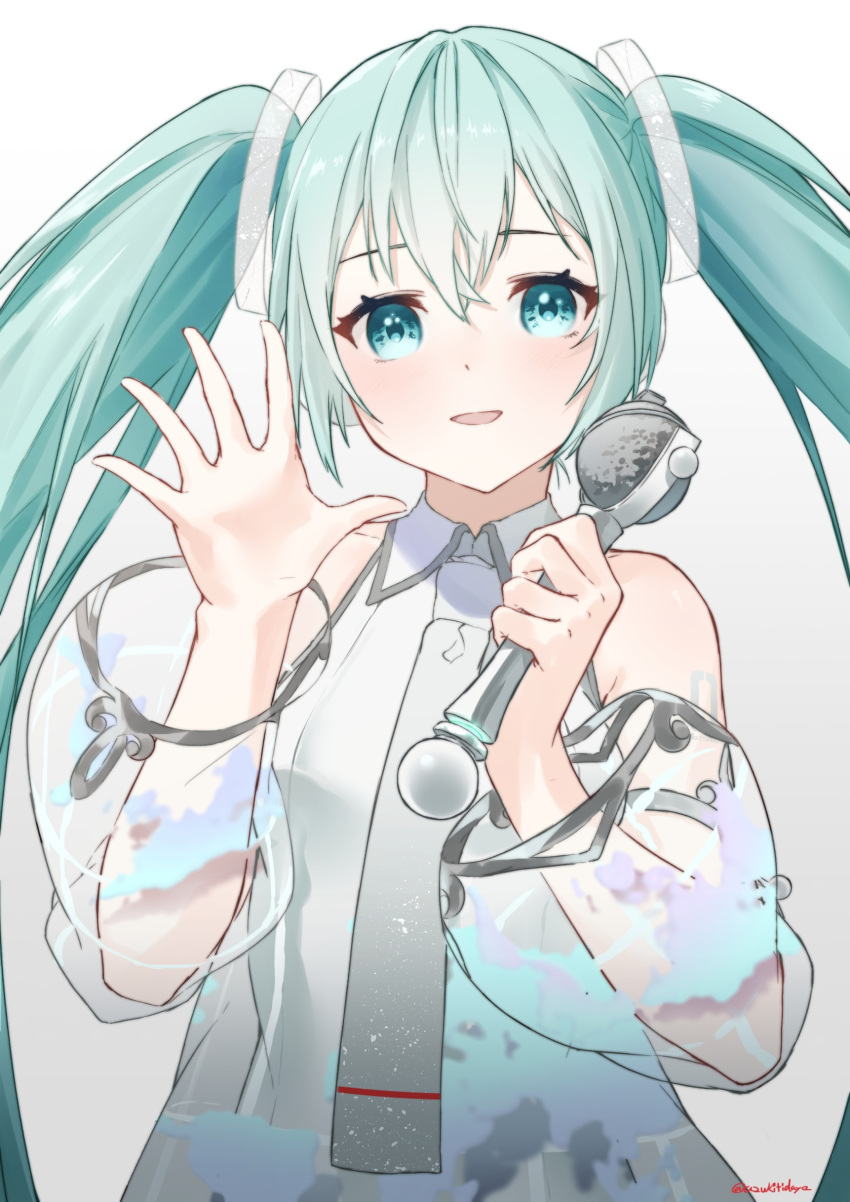 1girl absurdres aqua_eyes aqua_hair azusa_(azunyan12) bare_shoulders commentary detached_sleeves gradient gradient_background hair_ornament hand_up hatsune_miku hatsune_miku_expo highres holding holding_microphone long_hair looking_at_viewer map_print microphone necktie open_mouth see-through_sleeves shirt shoulder_tattoo silver_dress silver_neckwear silver_sleeves sleeveless sleeveless_shirt smile solo tattoo twintails upper_body very_long_hair vocaloid waving