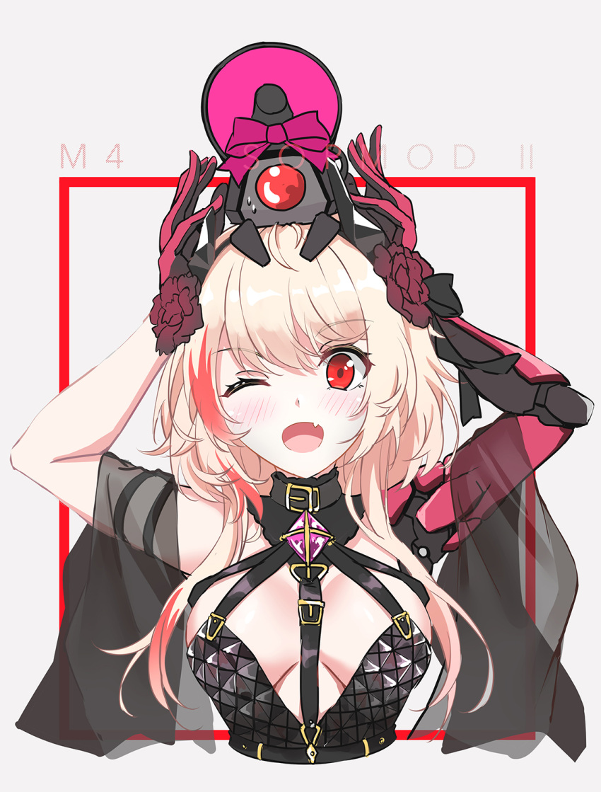 1girl banana_(girls_frontline) bangs blush breasts cropped_torso eyebrows_visible_through_hair fang fatkewell flower food fruit girls_frontline gloves hair_flower hair_ornament highres light_brown_hair long_hair looking_at_viewer m4_sopmod_ii_(girls_frontline) mechanical_arms medium_breasts multicolored_hair official_alternate_costume one_eye_closed open_mouth red_eyes redhead single_mechanical_arm skin_fang solo streaked_hair