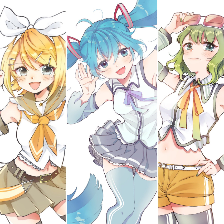 3girls adjusting_goggles aqua_eyes aqua_hair armpits bangs bare_shoulders belt blonde_hair blue_legwear blue_neckwear bow collar commentary contrapposto cowboy_shot crop_top detached_sleeves green_hair green_nails green_sleeves grey_collar grey_legwear grey_skirt gumi hair_bow hair_ornament hairclip hand_on_hip hatsune_miku highres kagamine_rin lace-trimmed_skirt lace_trim light_blush lineup lips long_hair looking_at_viewer medium_hair midriff multiple_girls navel neck_ribbon neckerchief notamaru_2 open_mouth orange_shorts pleated_skirt ribbon sailor_collar shirt short_hair short_shorts shorts skindentation skirt sleeveless sleeveless_shirt smile standing star_(symbol) star_print swept_bangs symbol_commentary thigh-highs very_long_hair vocaloid white_background white_bow white_shirt yellow_neckwear zettai_ryouiki