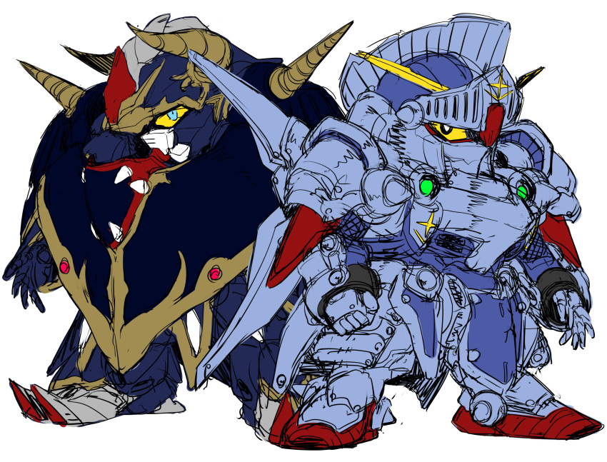 absurdres black_eyes clenched_hand colored_sclera gundam highres horns knight_gundam looking_to_the_side mecha no_humans open_hand redesign satan_gundam science_fiction sd_gundam sd_gundam_gaiden sketch v-fin waishou_(fusuma) white_background yellow_sclera