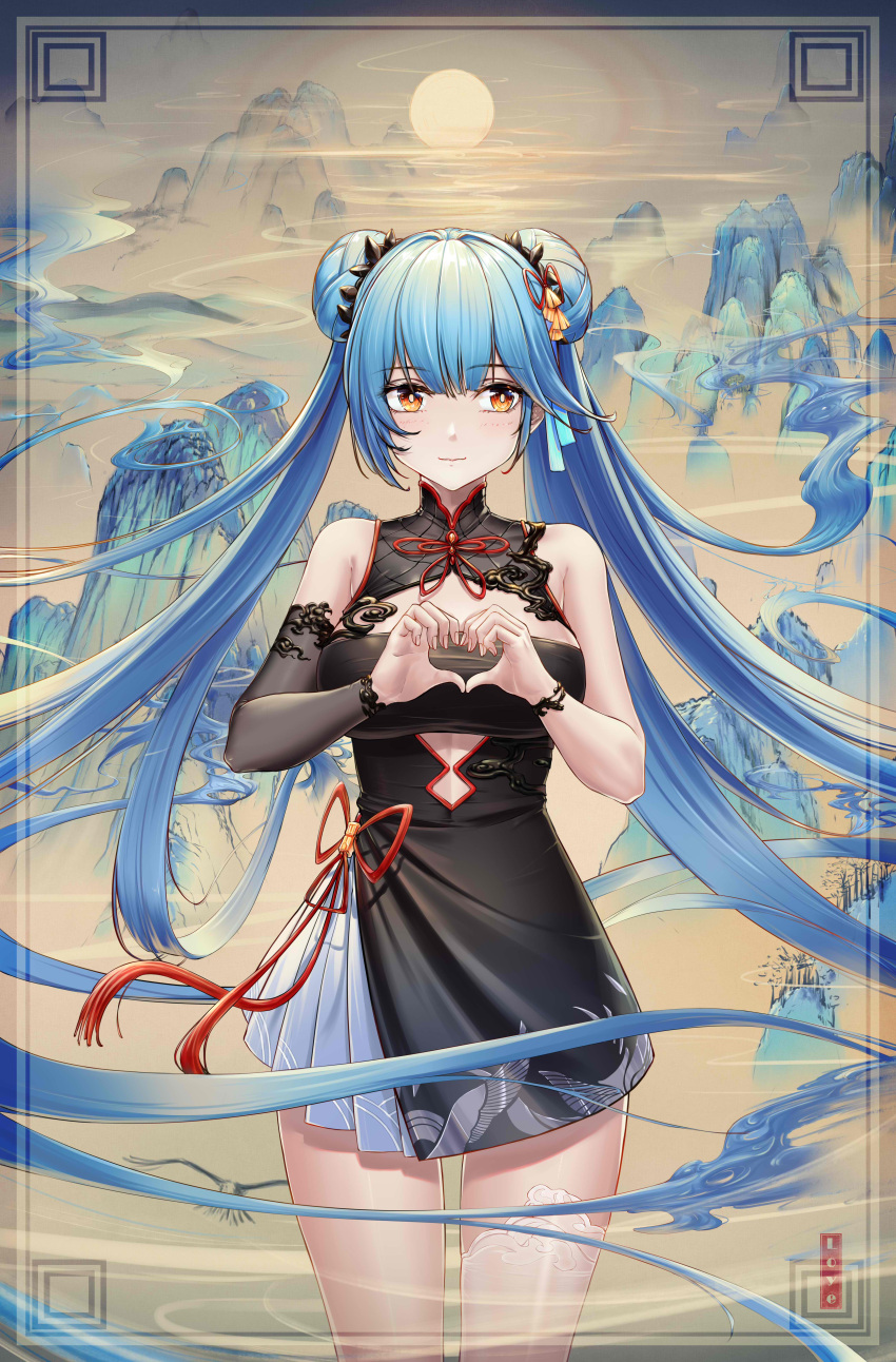 1girl absurdly_long_hair absurdres asymmetrical_clothes azur_lane black_dress blue_hair breasts china_dress chinese_clothes chinese_commentary detached_sleeves double_bun dress essex_(azur_lane) essex_(brush_and_ink)_(azur_lane) eyebrows_visible_through_hair framed_breasts heart heart_hands highres large_breasts long_hair long_loye looking_at_viewer official_alternate_costume orange_eyes short_dress single_sleeve single_thighhigh solo thigh-highs very_long_hair white_legwear