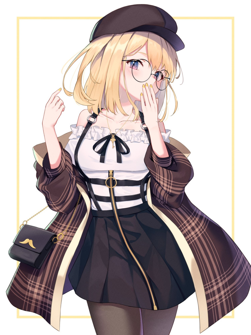 1girl asymmetrical_hair bag black-framed_eyewear black_headwear black_legwear black_ribbon black_skirt blonde_hair blush breasts brown_coat cabbie_hat coat collarbone commentary covering_mouth cowboy_shot english_commentary frilled_shirt frills glasses hand_to_own_mouth handbag hat highres hololive hololive_english jewelry key_necklace looking_at_viewer medium_breasts medium_hair miniskirt nail_polish neck_ribbon necklace o-ring off-shoulder_shirt off_shoulder official_alternate_costume open_clothes open_coat pantyhose plaid_coat pleated_skirt ribbon round_eyewear shands shirt side_ponytail simple_background skirt solo suspender_skirt suspenders violet_eyes virtual_youtuber watson_amelia white_background white_shirt yellow_nails zipper zipper_skirt