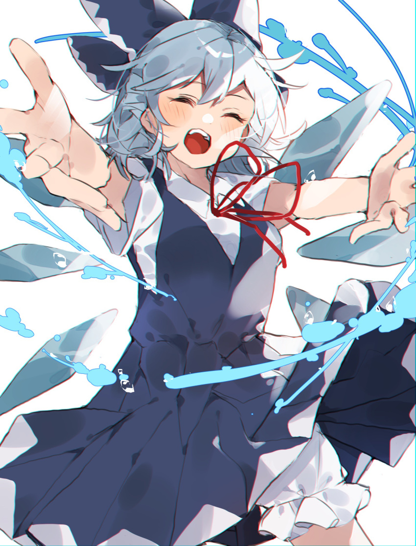 1girl ^_^ ^o^ bloomers blue_bow blue_dress blue_hair bow bowtie cirno closed_eyes cowboy_shot detached_wings dress gominami hair_bow highres ice ice_wings magic open_mouth outstretched_arms red_ribbon ribbon shirt short_hair solo teeth touhou underwear water white_background white_bloomers white_shirt wings