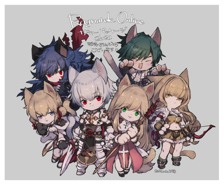 3boys 3girls armband armor armored_boots assassin_cross_(ragnarok_online) bangs belt black_footwear black_gloves black_shirt blonde_hair blue_eyes blue_hair blue_pants boots border bow_(weapon) breastplate brown_belt brown_cape brown_dress brown_footwear brown_gloves brown_shirt brown_shorts cape cat cecil_damon chainmail closed_mouth commentary_request copyright_name crop_top cross dated double_bun dress eremes_guile eyebrows_visible_through_hair fingerless_gloves full_body fur-trimmed_cape fur-trimmed_gloves fur-trimmed_shirt fur-trimmed_shorts fur_trim furrification furry gauntlets gloves green_hair grey_background hair_between_eyes high_heels high_priest_(ragnarok_online) high_wizard_(ragnarok_online) highres holding holding_bow_(weapon) holding_staff holding_sword holding_wand holding_weapon howard_alt-eisen juliet_sleeves katheryne_keyron kusabi_(aighe) leg_armor long_hair long_sleeves looking_at_viewer lord_knight_(ragnarok_online) margaretha_solin midriff multiple_boys multiple_girls navel open_clothes open_mouth open_shirt pants pauldrons pouch puffy_sleeves ragnarok_online red_cape red_dress red_eyes red_scarf sash scarf seyren_windsor shirt shoes short_dress short_hair short_shorts shorts shoulder_armor simple_background sleeveless sleeveless_shirt smile sniper_(ragnarok_online) spiked_gauntlets staff suspenders sword tabard torn_clothes torn_scarf torn_shirt two-tone_dress two-tone_footwear two-tone_gloves two-tone_shirt two-tone_shorts vambraces wand weapon white_border white_dress white_footwear white_hair white_sash white_shirt whitesmith_(ragnarok_online) yellow_eyes yellow_gloves yellow_shirt yellow_shorts
