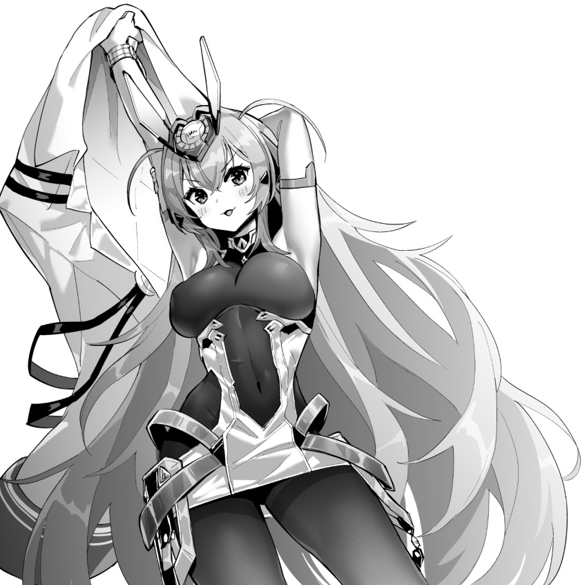 1girl arm_behind_head azur_lane bodystocking breasts coat covered_nipples eyebrows_visible_through_hair gloves greyscale hair_between_eyes highres holding_coat hori_(hori_no_su) large_breasts long_hair monochrome navel new_jersey_(azur_lane) pantyhose simple_background solo thighband_pantyhose very_long_hair white_background white_coat white_gloves