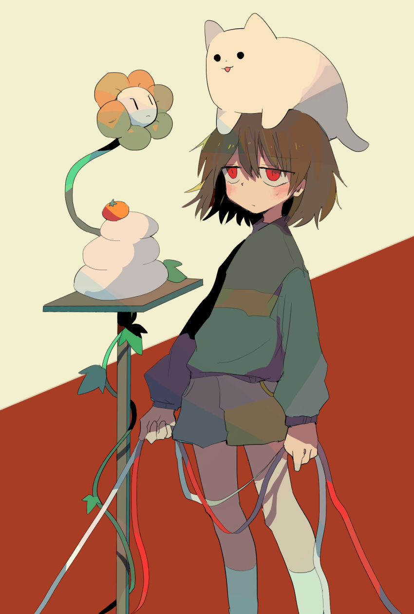 1other androgynous animal_on_head annoying_dog bangs brown_hair chara_(undertale) closed_mouth dog dog_on_head flower flowey_(undertale) food fruit green_shorts green_sweater hair_between_eyes highres kneehighs long_sleeves on_head orange_(food) plant red_eyes shorts simple_background soumenhiyamugi striped striped_sweater sweater table two-tone_background undertale vines white_legwear