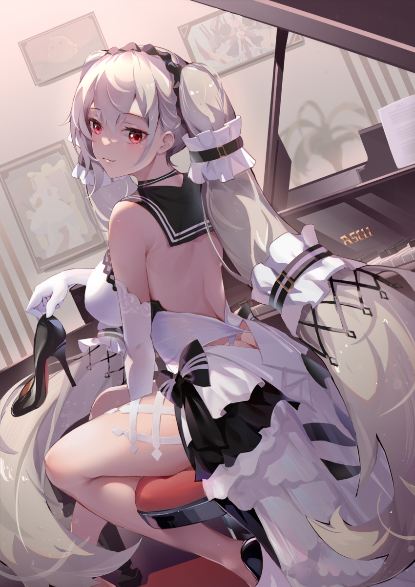 1girl artist_name asc11 azur_lane bangs bare_legs black_footwear blush breasts chinese_commentary commentary_request dress elbow_gloves eyebrows_visible_through_hair formidable_(azur_lane) formidable_(timeless_classics)_(azur_lane) from_behind gloves hair_ornament hairband high_heels highres holding holding_shoes indoors instrument large_breasts long_hair looking_at_viewer looking_back piano red_eyes shoes shoes_removed sitting solo twintails very_long_hair white_dress white_gloves white_hair