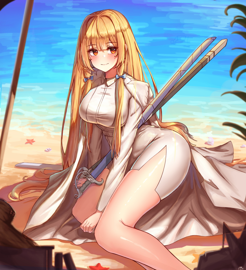 1girl absurdres ag-2c_sirene bangs beach blonde_hair blush bow cosplay formal full_body hair_bow highres invincible_dragon invincible_dragon_(cosplay) jacket jacket_on_shoulders last_origin lilac_(k32420276) long_hair looking_to_the_side pencil_skirt redhead saber_(weapon) skirt skirt_suit smile solo starfish suit sword very_long_hair water weapon