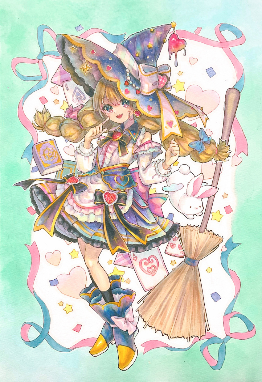 1girl :d absurdres ace_of_spades black_bow black_legwear blue_bow book bow braid broom card confetti dress dress_bow eruko_hoshimine hair_bow hat heart highres melting open_mouth original playing_card pointing pointing_at_self rabbit ribbon smile standing star_(symbol) symbol_commentary traditional_media twin_braids witch_hat