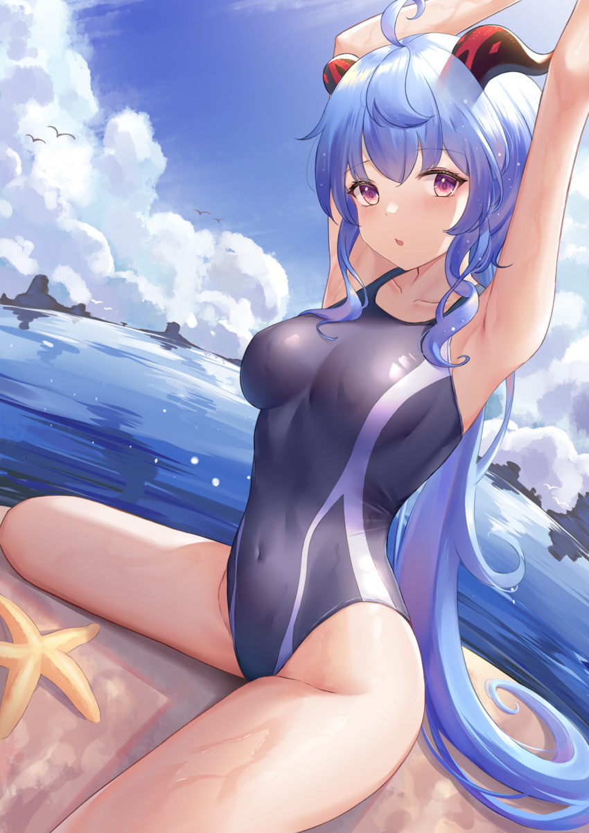1girl :o ahoge airool armpits arms_up black_swimsuit blue_hair blush breasts collarbone commentary_request competition_swimsuit covered_navel day ganyu_(genshin_impact) genshin_impact goat_horns groin highleg highleg_swimsuit highres horns long_hair looking_at_viewer low_ponytail medium_breasts ocean one-piece_swimsuit open_mouth outdoors pink_eyes solo swimsuit thighs very_long_hair violet_eyes water wet