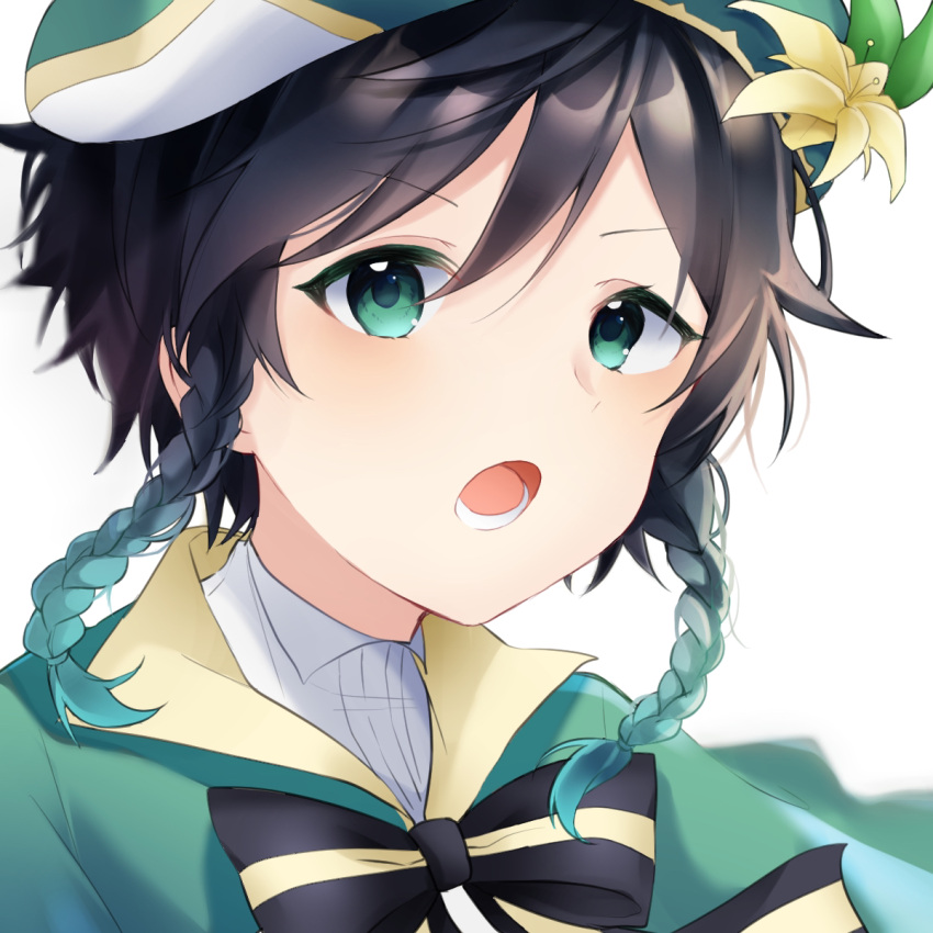 1boy androgynous bangs beret black_hair blue_hair bow braid cape collared_cape collared_shirt commentary_request eyebrows_visible_through_hair flower genshin_impact gradient_hair green_eyes hat hat_flower highres kashiwagi_yuzu@ruruka_kyoto leaf looking_at_viewer male_focus multicolored_hair open_mouth shirt short_hair_with_long_locks simple_background solo twin_braids venti_(genshin_impact) white_background white_flower white_shirt