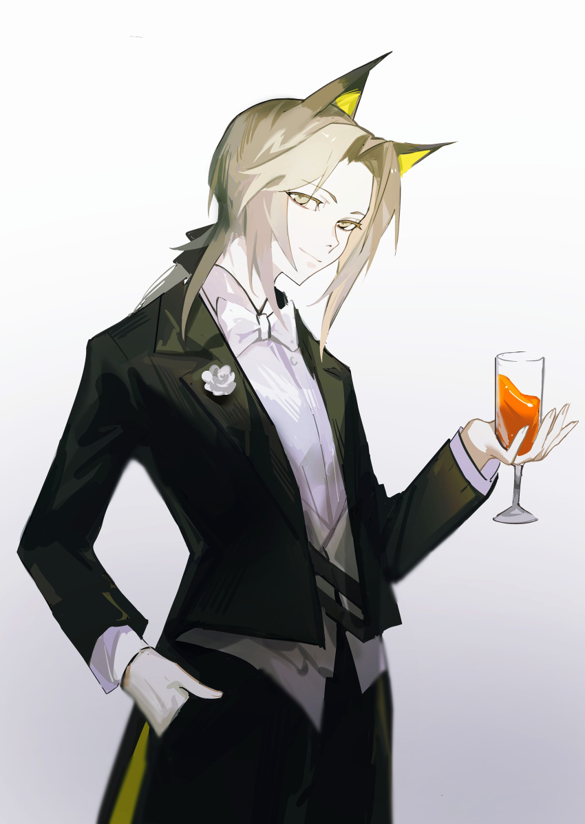 1girl absurdres alcohol animal_ears arknights bangs black_ribbon black_suit bow bowtie breasts chinese_commentary commentary_request cup drinking_glass formal gloves green_eyes hair_ribbon hand_in_pocket highres holding holding_cup kal'tsit_(arknights) light_green_hair llmia4 looking_at_viewer lynx_ears medium_hair neck_ribbon ponytail ribbon simple_background small_breasts standing suit white_background white_ribbon wine wine_glass