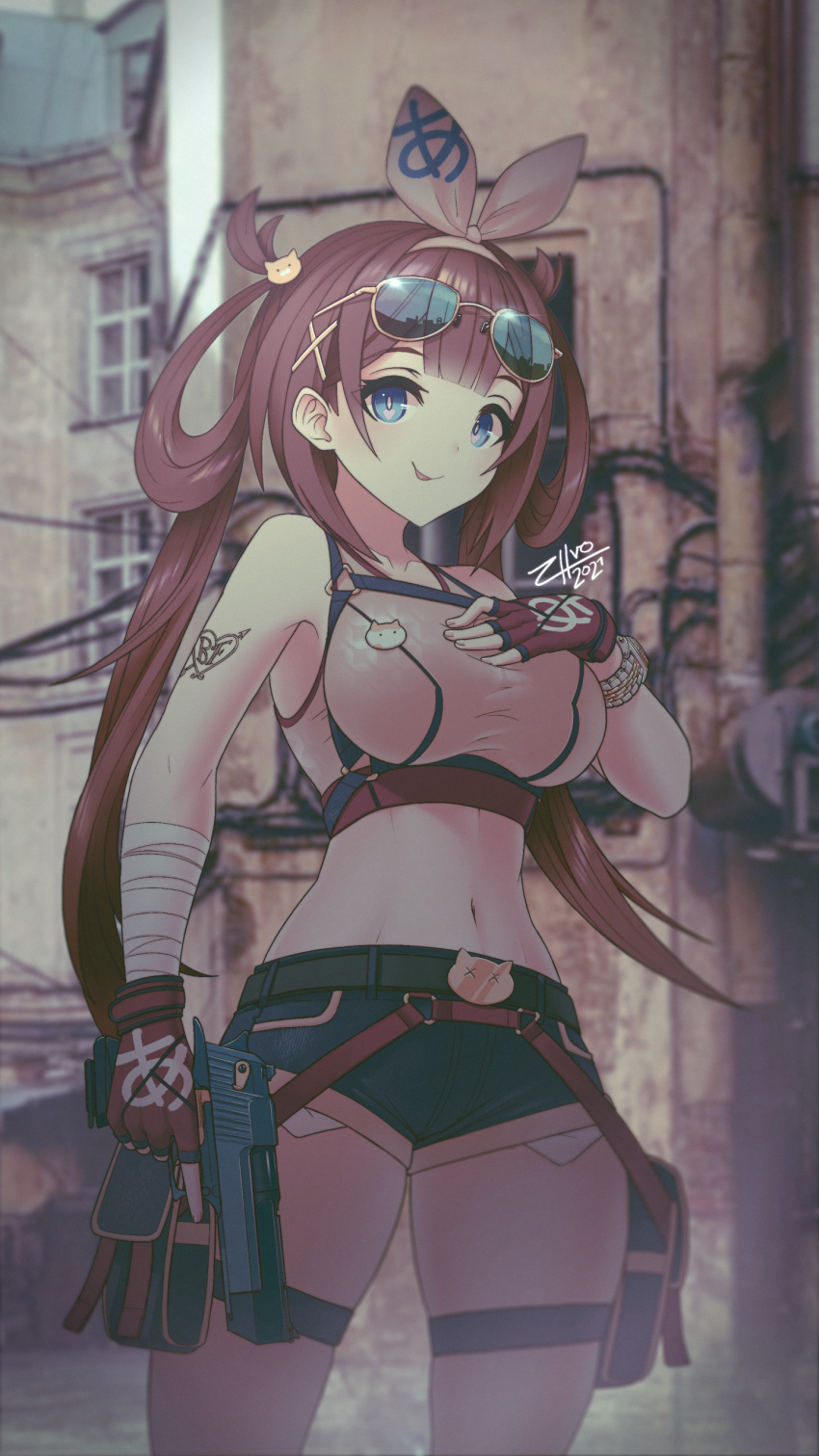 1girl absurdres ayamy_(vtuber) bandaged_arm bandages blue_eyes breasts brown_hair cat_hair_ornament cowboy_shot english_commentary exposed_pocket fingerless_gloves fingernails gloves gun hair_ornament hair_rings hairband handgun highres holding holding_gun holding_weapon indie_virtual_youtuber large_breasts midriff navel photo_background pistol red_gloves short_shorts shorts shoulder_tattoo solo sports_bra standing sunglasses tattoo thigh_pouch tongue tongue_out twintails virtual_youtuber watch watch weapon yellow_eyes zhvo