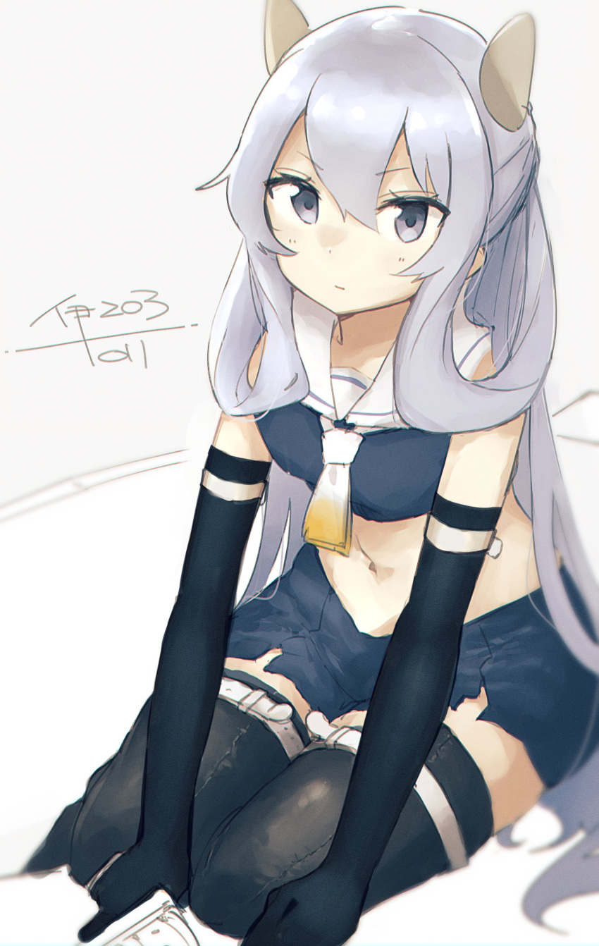 1girl absurdres bangs black_gloves black_legwear blue_skirt breasts character_name closed_mouth crop_top elbow_gloves gloves grey_background grey_eyes headgear highres holding i-203_(kancolle) kantai_collection long_hair looking_at_viewer ma_rukan midriff miniskirt navel sailor_collar signature silver_hair simple_background sitting skirt sleeveless small_breasts solo thigh-highs white_sailor_collar