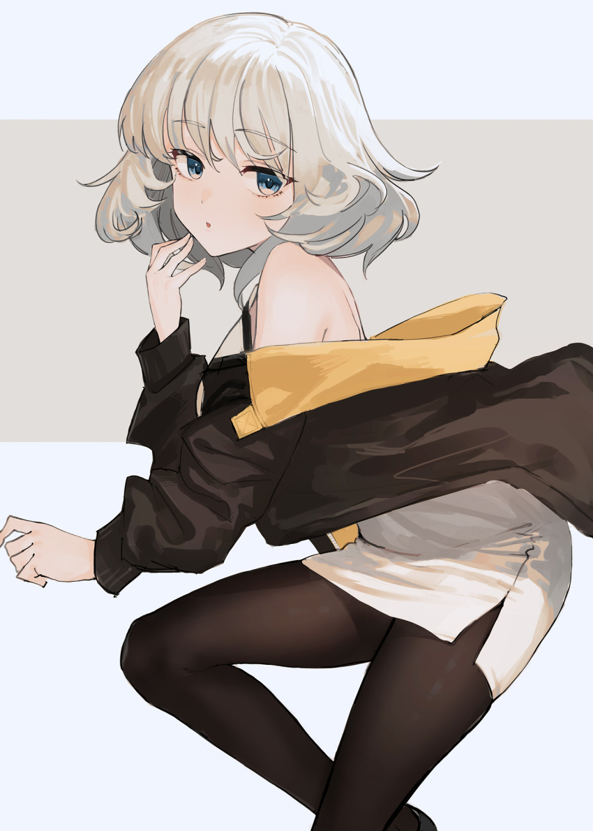 1girl :o bangs bare_shoulders black_jacket black_legwear blue_background blue_eyes commentary_request dress eyebrows_visible_through_hair grey_background grey_hair highres jacket long_sleeves looking_at_viewer off_shoulder open_clothes open_jacket original pantyhose parted_lips ryokucha_manma sleeveless sleeveless_dress solo two-tone_background white_dress